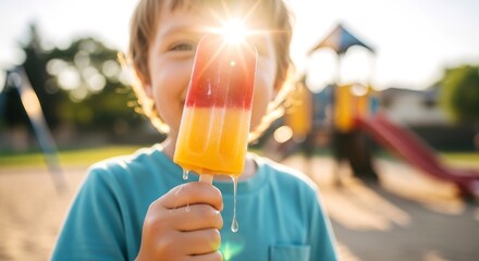 Smiling boy holds melting popsicle in sunny summer park