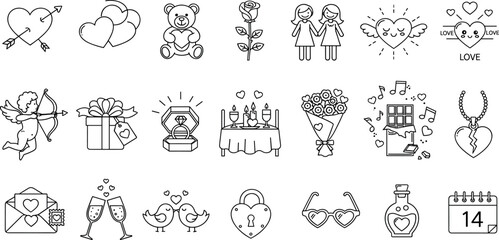 Romantic and Valentine line icon set. Vector pictograms of hearts, gifts, and love symbol, teddy bear, cupid, flower bouquet, engagement ring, chocolate candy, thin linear illustration.