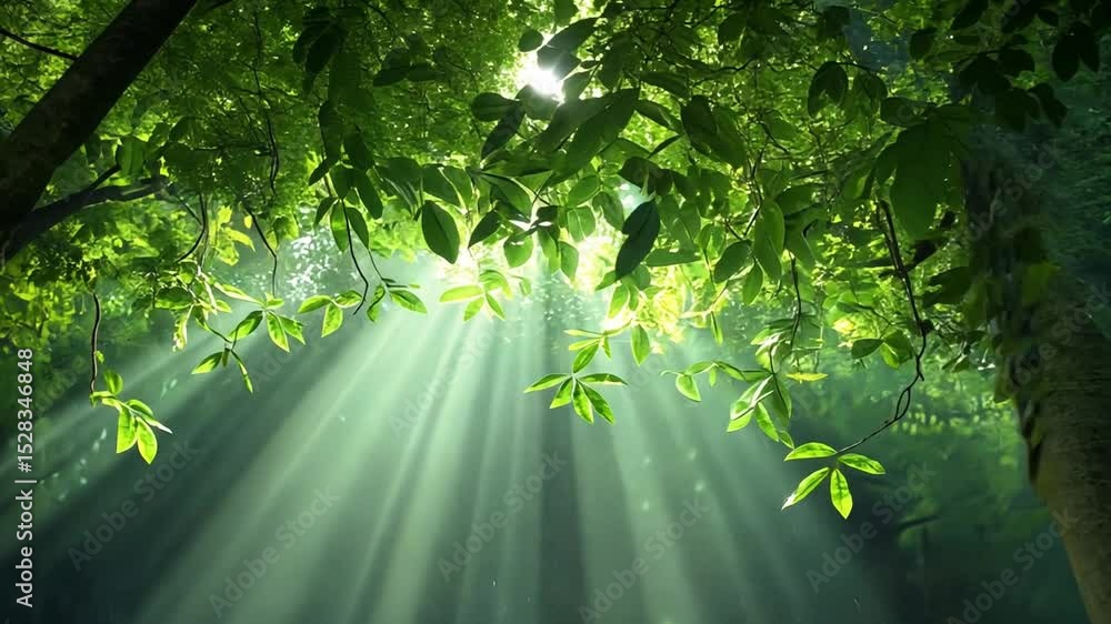 Poster sunlit canopy: the vibrant tapestry of nature, with sunlight filtering through lush, green leaves of
