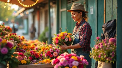 Woman is standing in front of a flower stand, holding a bouquet of flowers. The flowers are arranged in a variety of colors, including pink, yellow, and orange - Powered by Adobe