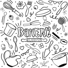 Bakery vector doodle set. Bakery, pastry, tools, equipment. Hand drawn illustration isolated on white background. 