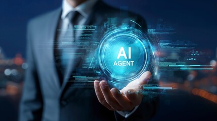Confident Businessman Holding Holographic 'AI Agent' Projection &ndash; Futuristic Digital Interface with Neural Network, Data Streams, and Smart City Background Representing Artificial Intelligence, Automa