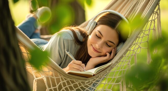 Relaxing Woman Writing and Listening to Music in Hammock