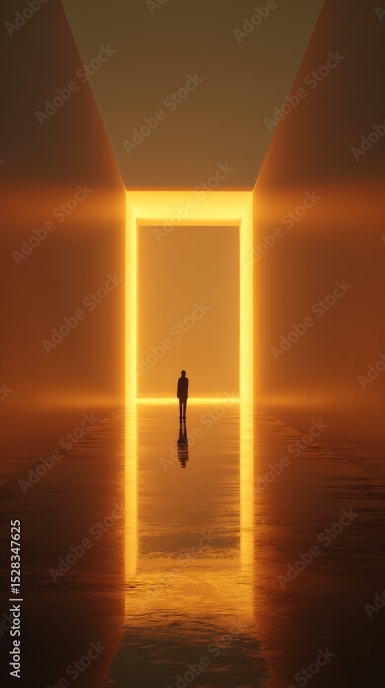 Poster journey through a golden-lit corridor revealing a minimalist and surreal architectural wonder at twi