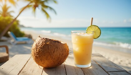 Elegant Creamy Tropical Cocktail with Ice and Lime Garnish Served with Fresh Coconut on Weathered Wood Table Against Tranquil Ocean Vista Background