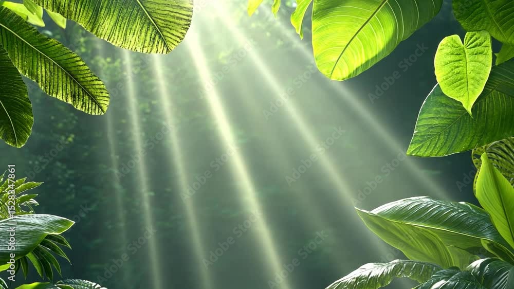 Poster sunbeam through the jungle canopy: sunlight filters through lush green leaves, creating a serene and