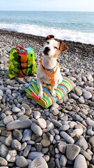 Contented Jack Russell Terrier Relaxing on Colorful Beach Towel with Beach Accessories Against Serene Ocean Background, Capturing Perfect Summer Day at the Beac