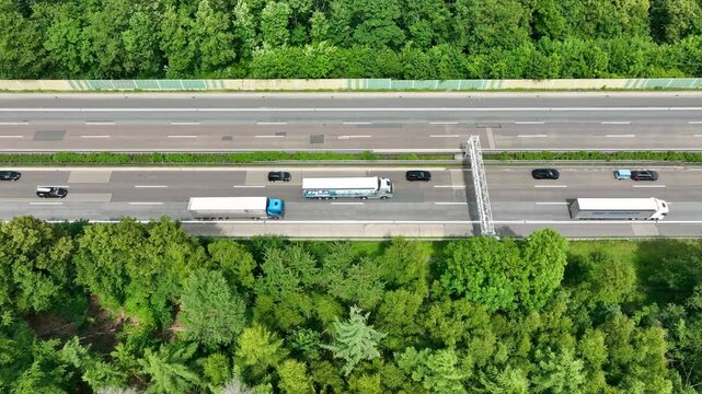 Truck toll - gantry and traffic on German highway. Aerial view