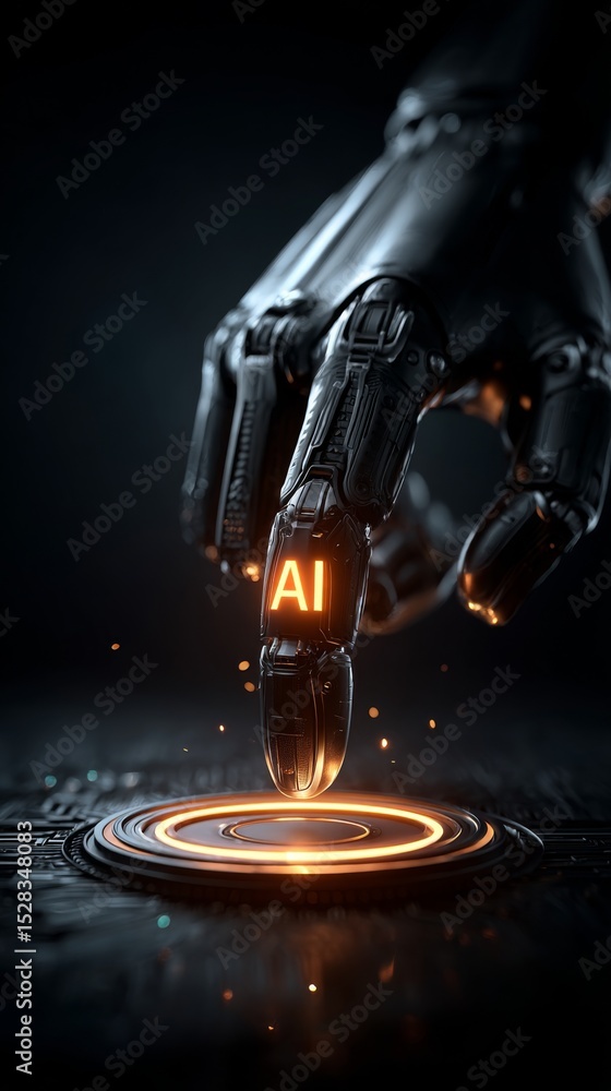 Poster glowing ai symbol activated by a human finger on a futuristic digital interface amidst a captivating