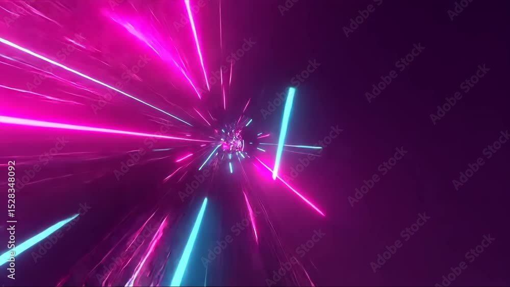 Poster purple background with a bright pink line that is moving. the line is made up of many different colo