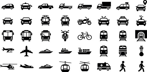Transport glyph icon set. Vector pictograms of airplane, helicopter, boat, ferry, cargo, ship, motorcycle, bicycle, tram, subway, metro, black sign silhouette illustration.
