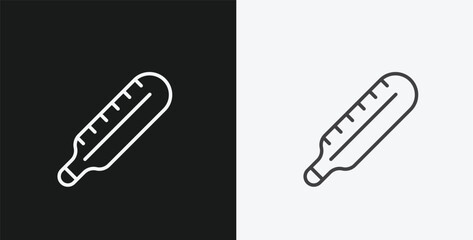 Medical Thermometer with Scale and Mercury on Black and White Backgrounds, Representing Temperature or Fever, White Outline Icon