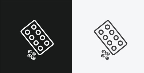 Tablet Blister Pack with Spilled Pills on Black and White Backgrounds, Representing Medicine or Pharmaceutical, White Outline Icon