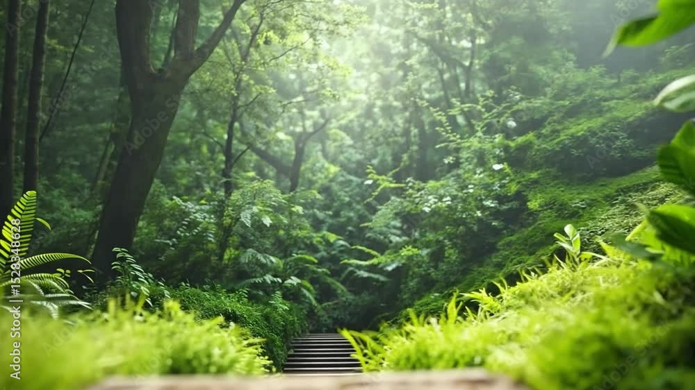 Aufkleber Lush Forest Path: An inviting path winds through a vibrant forest, bathed in soft sunlight filtering through the dense canopy of emerald leaves, revealing a tranquil outdoor haven.