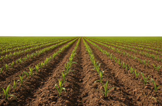 Lush Green Cornfield with Evenly Spaced Rows of Young Corn Plants Stretching Out Under a Clear Blue Sky, Isolated on Transparent and White Background