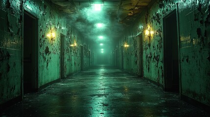 Fototapeta premium Eerie abandoned corridor with peeling walls and dim lights in a foggy atmosphere