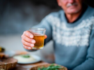 Elderly man holding a glass of amber beverage, wearing a cozy sweater, seated at a rustic table with plates of food, enjoying a moment of relaxation and connection