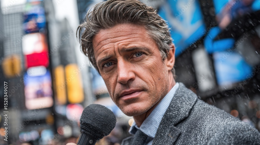 Poster a man with a microphone is standing in front of a large sign. he is wearing a gray jacket and a blue