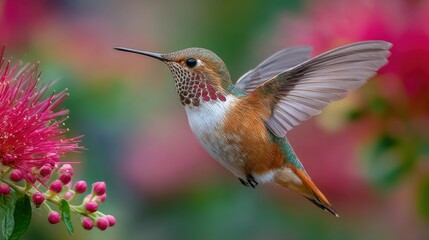 Obraz premium A hummingbird is flying over a pink flower. The bird is brown and white with a long beak. The flower is pink and has small, white flowers. The scene is peaceful and serene, with the bird