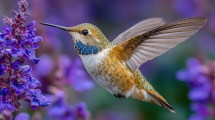 Fototapeta premium A hummingbird is flying over a purple flower. The bird is brown and white with blue markings on its wings. The flower is purple and has a purple stem