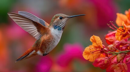 Fototapeta premium A hummingbird is flying over a flower with pink petals. The bird is brown and white, and it is in the air. The flower is surrounded by other flowers, and the scene is colorful and lively