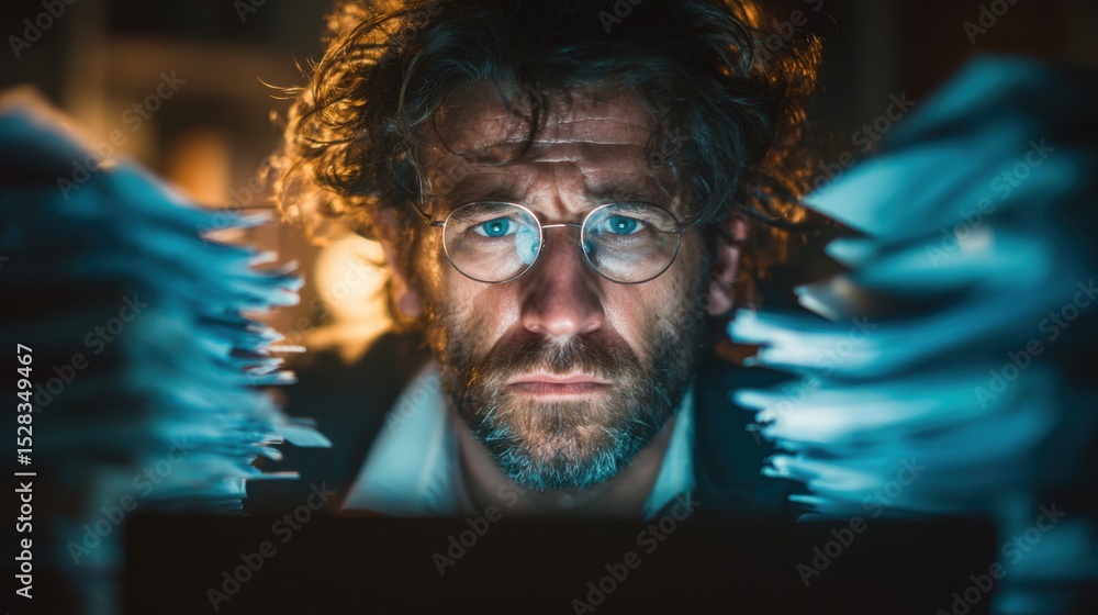 Poster a man with glasses is looking at a computer screen with a pile of papers in front of him. he is over