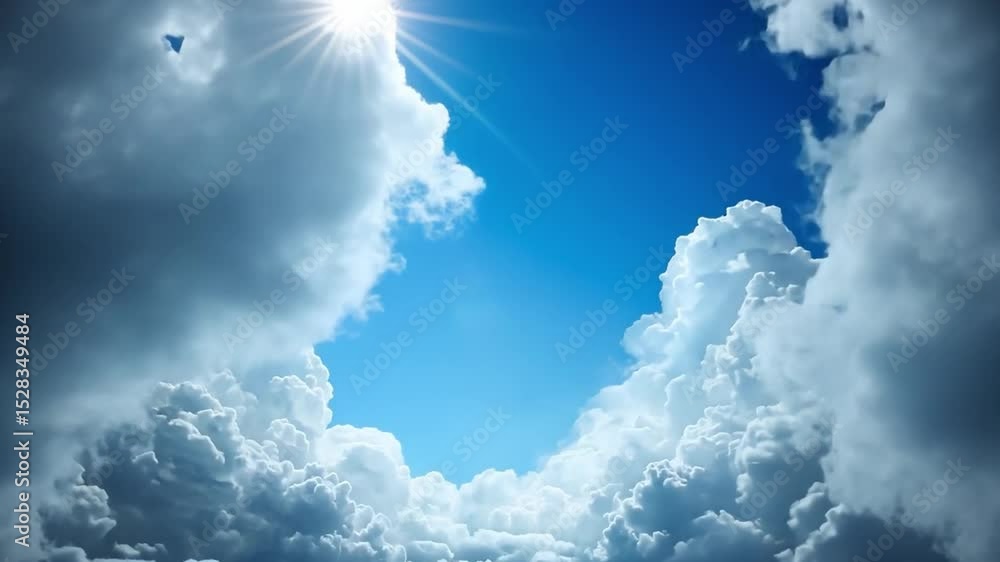 Poster Sunburst Through Clouds: A vibrant sunburst breaks through a dramatic array of fluffy cumulus clouds, creating a breathtaking celestial spectacle.