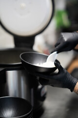 frying pan on a kitchen stove