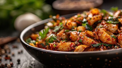 Fototapeta premium A vibrant bowl of spicy pasta dish with fresh vegetables illustrates the beauty of culinary art, enticing food lovers with its bold colors and rich flavors.