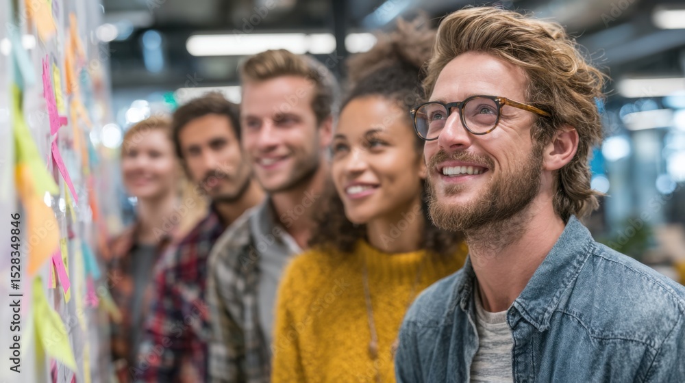 Poster a group of people are smiling and standing in a line. the man in the middle is wearing glasses and h