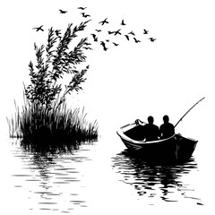 vector silhouette of a fisherman on a boat on a white background .Generative AI