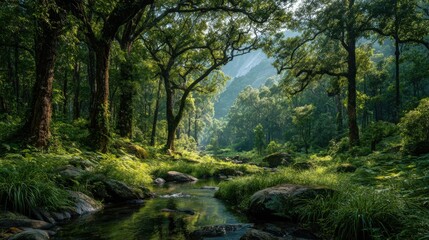 Obraz premium A lush green forest with a stream running through it. The sunlight is shining through the trees, creating a peaceful and serene atmosphere