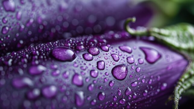 A close-up image that captures sparkling dew drops resting on vibrant purple petals, emphasizing the intricate details and natural beauty of the plant life. - Powered by Adobe
