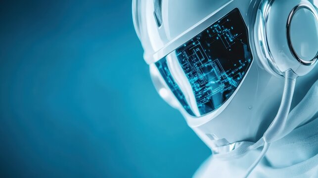 An intriguing image of a futuristic white helmet featuring a digital interface, capturing the essence of advanced technology and innovation in modern design.
