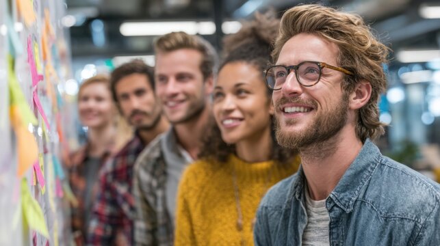 A group of people are smiling and standing in a line. The man in the middle is wearing glasses and has a beard. The group appears to be happy and enjoying each other's company