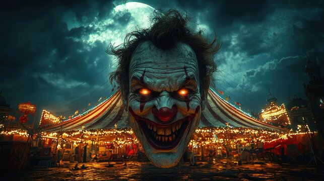 Eerie clown face looming over spooky carnival under moonlit night sky