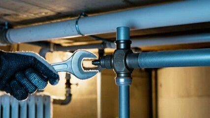 Plumber repairing pipe system in basement using wrench. Professional plumber works with pipes and fittings.  High-quality image for plumbing service advertisement or website.