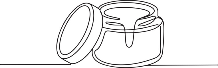 Continuous line drawing of an open cream jar with dripping cream, minimalist black and white single line art on white background

