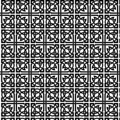 black and white seamless background, monochrome, repeating geometric pattern, grid of squares, intricate knot-like or Celtic-inspired design, bold and black, dense and decorative overall texture