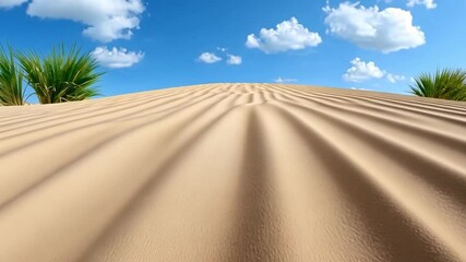 Endless Dunes: A sun-kissed desert landscape under a vibrant blue sky, a panoramic vista of rippling sand, dotted with tufts of vibrant grass, inviting exploration and contemplation. - Powered by Adobe