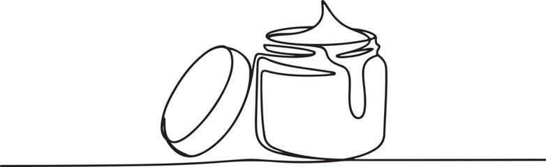 Continuous line drawing of an open cream jar with dripping cream, minimalist black and white single line art on white background

