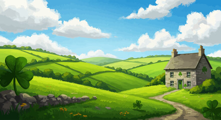 Scenic landscape with green field and blue sky background