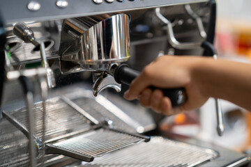  espresso machine, front view, isolated on coffee shop background.