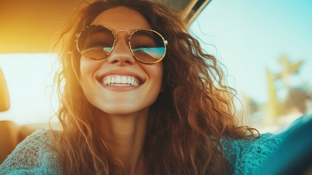 A joyful young woman wearing stylish sunglasses sits inside a car, radiating happiness and carefree vibes, perfect for capturing the essence of a fun road trip or adventure.