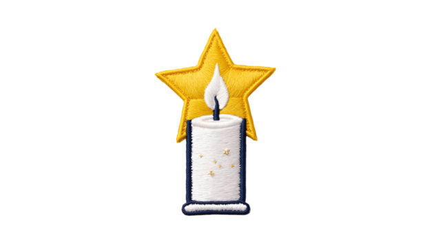 Bright yellow star above a white candle with a flame, featuring embroidered details, creating a warm and inviting atmosphere, perfect for festive or celebratory themes