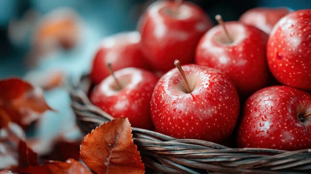 A close-up view of fresh red apples in a rustic basket, symbolizing health, nature, and abundance, perfect for celebrating the beauty of fruits and organic produce.