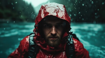 A rugged man in a bright red jacket braves the downpour, embodying resilience and determination against the elements while navigating a wild landscape.