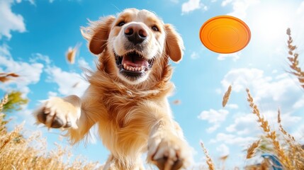 A joyful golden retriever leaps through a field, embodying happiness and playfulness as it chases a frisbee under a bright blue sky filled with fluffy clouds.
