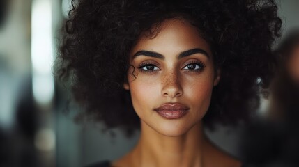 A captivating portrait of a woman with beautiful curly hair and striking features, highlighting natural beauty, confidence, and individuality against a subtle background.