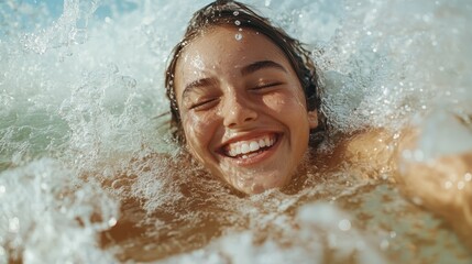 Obraz premium A young person joyfully enjoying the ocean waves, emerging from the water with a big smile, capturing the essence of happiness and the thrill of summer activities at the beach.